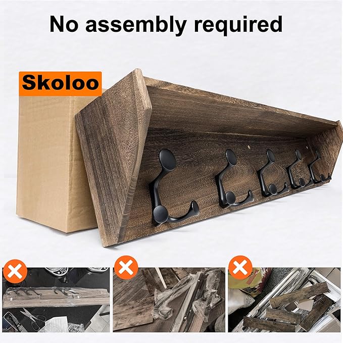 SKOLOO Wall Shelf with Hooks, 24-Inch Weathered Brown Coat Rack Wall Mount with Shelf Organizer - Lightweight & Sturdy, 5 Tri Hooks - Perfect for Entryway, Hallway, Living Room, Bedroom, Mudroom