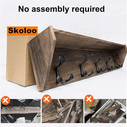 SKOLOO Wall Shelf with Hooks, 24-Inch Weathered Brown Coat Rack Wall Mount with Shelf Organizer - Lightweight & Sturdy, 5 Tri Hooks - Perfect for Entryway, Hallway, Living Room, Bedroom, Mudroom