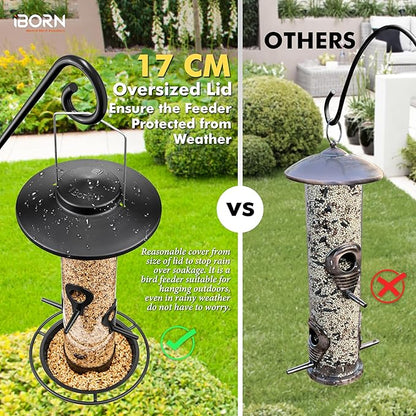 iBorn Metal Bird Feeders for Outdoors, 2LB Bird Seed Feeder 17cm Large Roof &Tray, 4 Feeding Ports, Black Finish