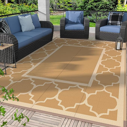 GENIMO 5' x 8' Outdoor Rug Waterproof for Patio Decor, Foldable Reversible Plastic Straw Area Rugs Mat for Camper, Outside Carpet for Rv, Deck, Porch, Picnic, Beach, Balcony, Brown & Beige