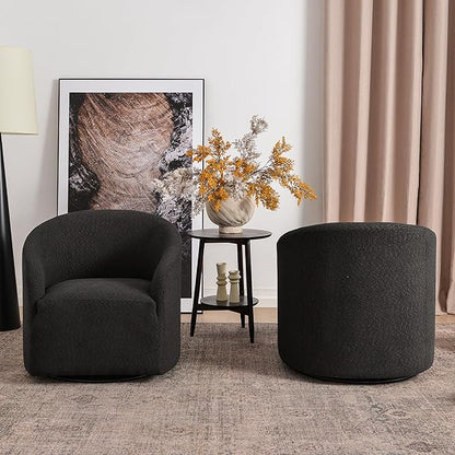 KINWELL 32" Wide Modern Boucle Swivel Barrel Chairs Set of 2, No Assembly Round Upholstered Swivel Accent Armchairs for Living Room, Bedroom (Black)