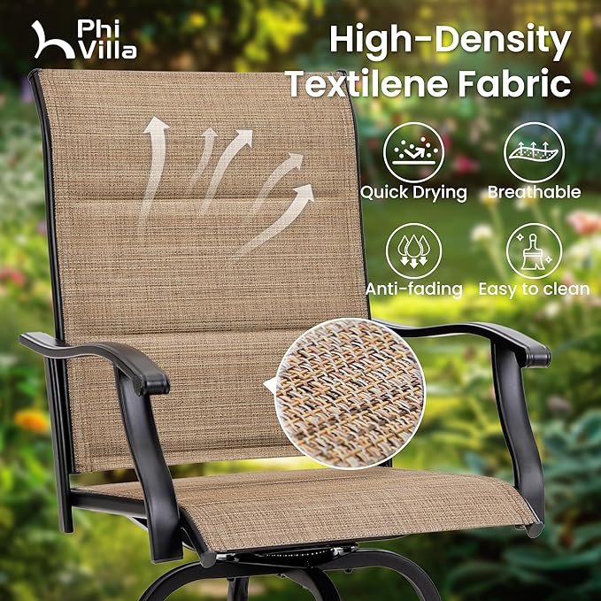 PHI VILLA 7 Piece Patio Bar Dining Set, Bar Height Outdoor Table and Chairs with 6 Swivel Bar Stools (Padded Textilene) & Large Rectangle Metal Table for Deck, Garden and Yard