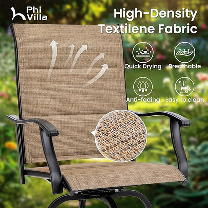 PHI VILLA 7 Piece Patio Bar Dining Set, Bar Height Outdoor Table and Chairs with 6 Swivel Bar Stools (Padded Textilene) & Large Rectangle Metal Table for Deck, Garden and Yard