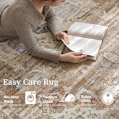 6'x9' Area Rug - Vintage Persian Medallion Design Low-Pile Faux Wool Rug, Non-Slip Backing, Machine Washable, for Living Room, Dining Room, Bedroom (Brick Red)