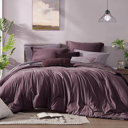 Monbix Full Size Comforter Set, Italian Plum Bedding Comforter for Full Size Bed Set Reversible, Bedding Sets Full 7 Pieces, Cationic Dyeing Bed in a Bag with Comforter, Sheets, Pillowcases & Shams