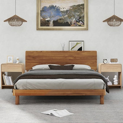 Fluted Nightstand Set of 2 with Charging Station, Modern Bed Side Table End Table with Drawer Storage, Large Wooden Night Stands Bedside for Bedroom Living Room Sofa Office, Natural 2 Sets