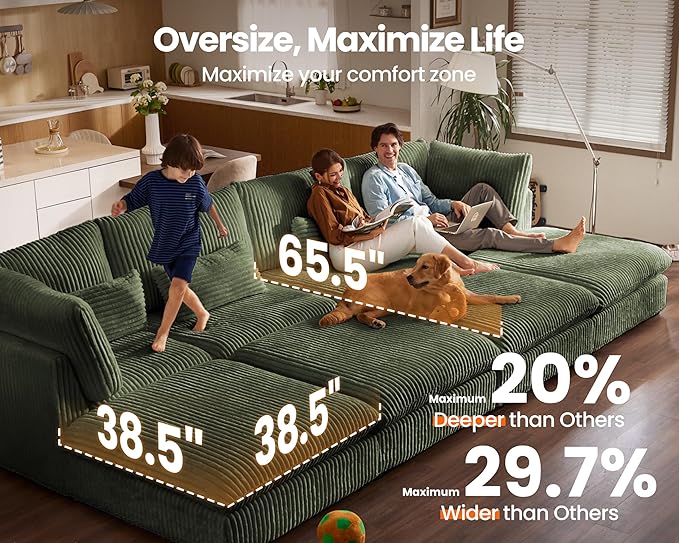 Oversized Modular Sofa, Extra Deep Cloud Corduroy Sectional Couch with Ottoman Chaise, Fluffy Chenille 8 Seater Couch Bed for Living Room, Villa (Sofa Bed 8 Seater, Corduroy Green)