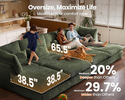 Oversized Modular Sofa, Extra Deep Cloud Corduroy Sectional Couch with Ottoman Chaise, Fluffy Chenille 6 Seat U-Shaped Sofa for Living Room, Villa (U Shape 6 Seater, Corduroy Green)