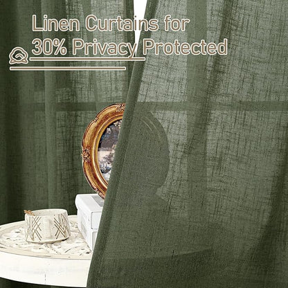 LAMIT Olive Green Linen Sheer Curtains 90 inch for Living Room, Soft Thick Bronze Grommet Light Filtering Boho Window Textured Neutral Drapes for Bedroom Farmhouse, 2 Panels Set, 52 x 90 Inch