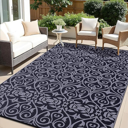 OLANLY Outdoor Rug Waterproof 8x10 ft Clearance, Reversible Outdoor Plastic Straw Rug with Floral Pattern, RV Mat for Patio, Camping, Balcony, Deck, Backyard, Black & Grey