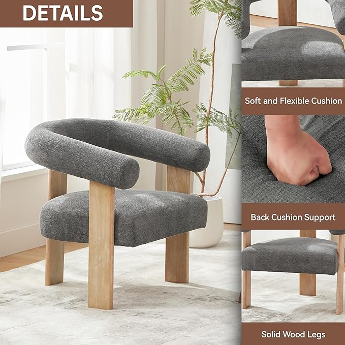 VKNOW Accent Chair Living Room Chair Set of 2, Modern Upholstered Armchair with Solid Wood Legs, Comfy Barrel Arm Chairs for Living Room Bedroom, Dark Grey