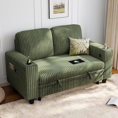 LINSY HOME Loveseat Sofa with Storage - Comfy Plush Corduroy 2 Seater Sofa with USB Charging & Cup Holders, Deep Seat Love Seat for Small Spaces Living Room Bedroom Apartment, Green