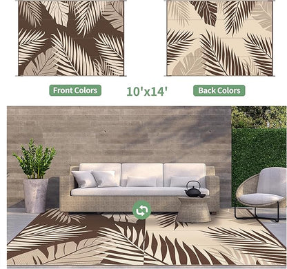 GENIMO Outdoor Rug 10' x 14' Waterproof for Patios Clearance, Reversible Outdoor Plastic Straw Camping Rug Carpet, Large Area Rugs Mats for RV, Camper, Deck, Balcony, Porch, Beach, Coffee&Beige