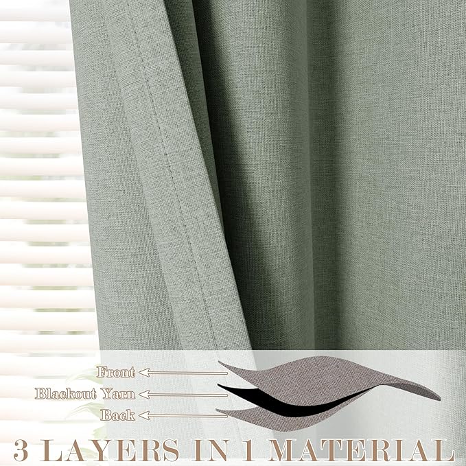 100" W x 96" L Faux Linen Room Divider Curtains, Full Blackout Pinch Pleated Drapes for Traverse Rod, Bedroom Divider Privacy Drapery with Hooks for Ceiling Track, 1 Panel, Fog Green