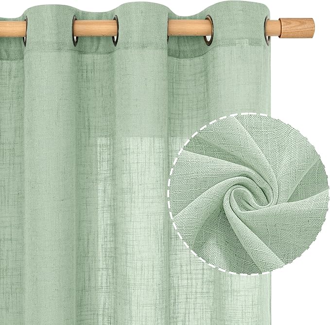 LAMIT Fresh Green Linen Curtains 54 Inch Length 2 Panels, Light Filtering Semi Sheer Panels Bronze Grommet Neutral Drapes for Kitchen/Window/Bedroom, 52 x 54 Inch