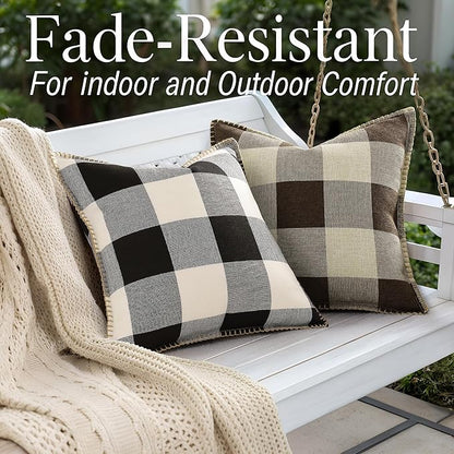 decorUhome Buffalo Plaid Check Throw Pillow Covers 22x22 Set of 2, Outdoor Decorative Farmhouse Neutral Pillow Covers with Stitched Edge for Bed Couch Sofa, Brown and Beige