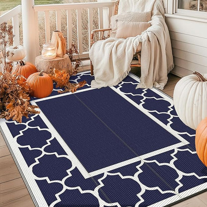 GENIMO 5' x 8' Outdoor Rug Waterproof for Patio Fall Decor, Foldable Reversible Plastic Straw Area Rugs Mat for Camper, Outside Carpet for Rv, Deck, Porch, Picnic, Beach, Balcony, Blue & White