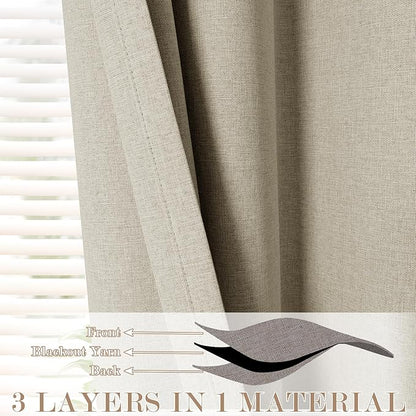 Beige Pinch Pleat 100% Blackout Drapes Linen Blend, Room Divider, Room Darkening, Energy Saving, Furniture Protecting, Light Blocking Extra Wide Privacy Curtains, 200Wx102L, 1 PC
