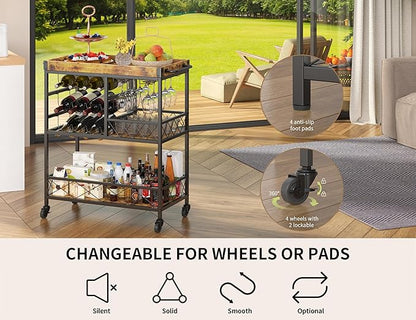 Gizoon Bar Cart, 3 Tier Coffee Cart with Lockable Wheels, 12-Bottle Wine Rack, and Hanging Glass Holder, Kitchen Rack with Removable Tray, for Kitchen, Dining Room, Entertaining, Club Party,Retro