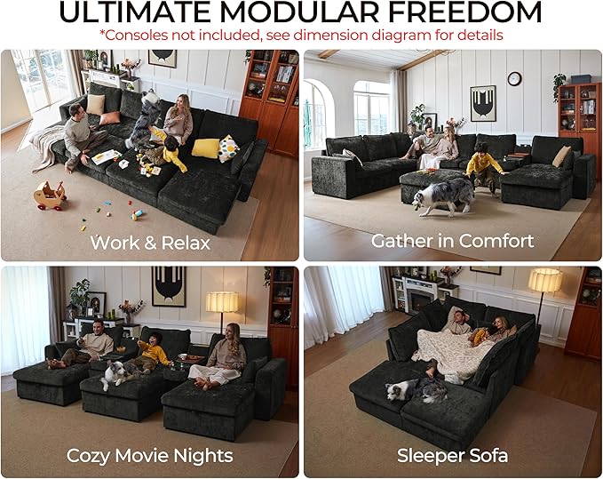 Oversized Modular Sofa Comfy Cloud Couch with Storage, Extra Deep Plush Sectional Sofa Set for Living Room, Covers Washable, Chenille, Olar (Black, 6-Seater with 3 Ottomans, Sleeper)