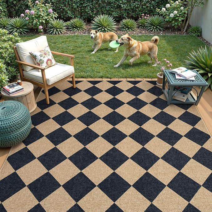 Lahome Checkered Easy Jute 5x7 Area Rugs, Washable Outdoor Patio Rug for Living Room Diamond Indoor Outdoor Carpet, Farmhouse Geometric Non Slip Black Carpet for Backyard Dining Room
