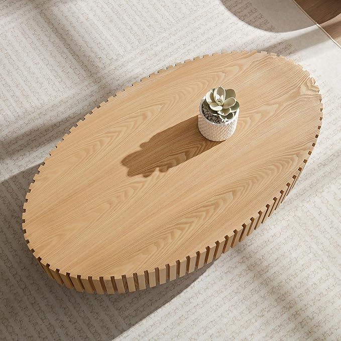 Oval Coffee Table for Living Room, Modern Fluted Coffee Tables with Pedestal Base, Handcrafted Centre Tea Tables Easy Assembly-43.7" Natural