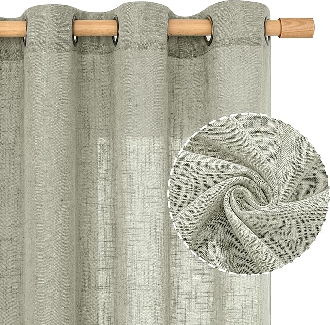 LAMIT Sheer Linen Curtains 63 Inch Length for Bedroom, Faux Linen Textured Light Filtering Neutral Bronze Grommet Window Treatment Drapes for Living Room, 2 Panels, 52 x 63 Inch, Sage Grey