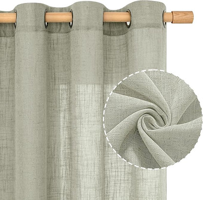 LAMIT Sage Grey Sheer Linen Curtains 54 Inch Length for Bedroom, Bronze Grommet Light Filtering Panels Neutral Drapes for Living Room/Window, 2 Panels Set, 52 x 54 Inch