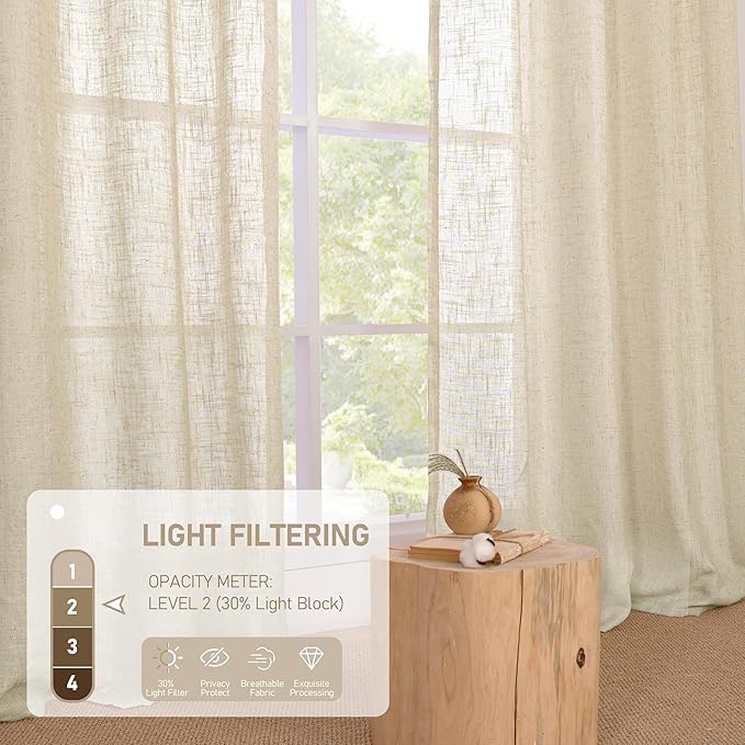 LAMIT Light Filtering 63 inch Length Sheer Curtains, Soft Semi Sheer Linen Textured Bronze Grommet Neutral Boho Drapes for Living Room/Bedroom, 2 Panels Set, 52 x 63 Inch, Linen