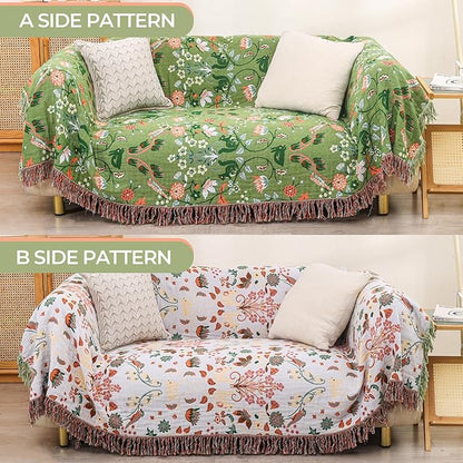 Boho Ultra Soft Throw Blanket 60''x80',100% Cotton Blankets for Couch Bed,Squirrel Farmhouse Home Decor Bed Blankets, All Season Rustic Reversible Bohemian Lightweight Throw for Bed -Light Green ﻿