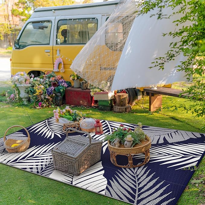 GENIMO Outdoor Rug 5' x 8' Waterproof for Patios Clearance, Reversible Outdoor Plastic Straw Camping Rug Carpet, Large Area Rugs Mats for RV, Picnic, Backyard, Deck, Balcony, Porch, Beach, Blue&White
