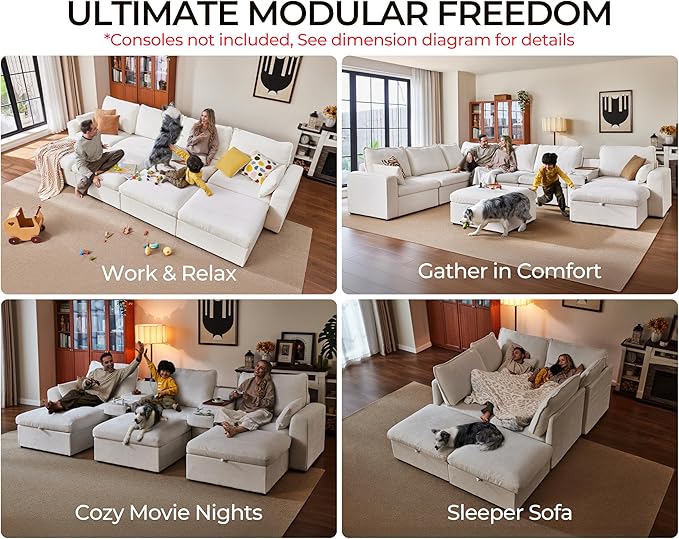 Oversized Modular Sofa Comfy Cloud Couch with Storage, Extra Deep Plush Sectional Sofa Set for Living Room, Covers Washable, Chenille, Olar (White, 6-Seater with 2 Ottomans, u-Shaped)
