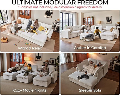 Oversized Modular Sofa Comfy Cloud Couch with Storage, Extra Deep Plush Sectional Sofa Set for Living Room, Covers Washable, Chenille, Olar (White, 6-Seater with 3 Ottomans, Sleeper)