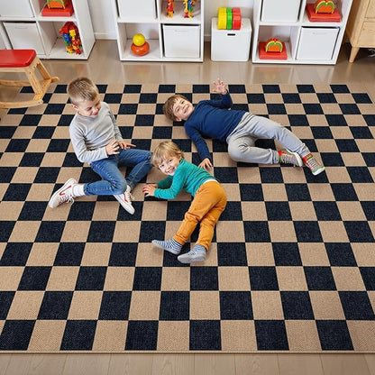 Lahome Checkered Easy Jute Rug, 9x12 Area Rug for Living Room Indoor Outdoor Carpet, Farmhouse Neutral Non Slip Non Shedding Stain Resistance Floor Carpet for Patio Dining Room Backyard
