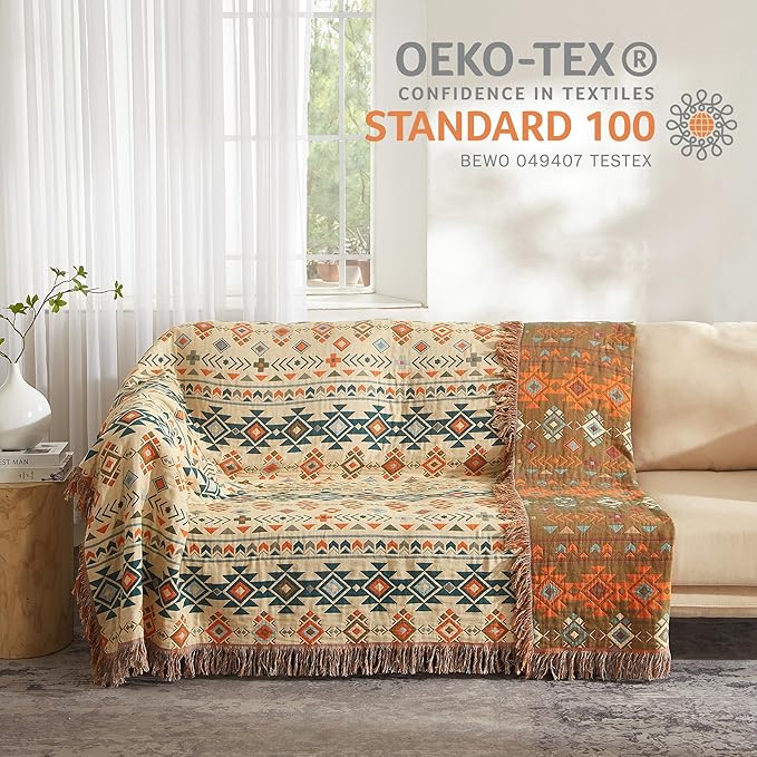 Boho Throw Blanket for Bed 60”x80”, 100% Cotton Woven Blanket for Couch Sofa, Ultra Soft 4-Layer Muslin Quilt with Diamond Pattern, Farmhouse Bed Blanket/Cover for Living Room Decor