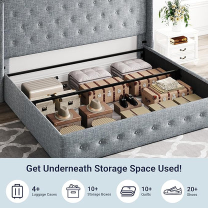 Allewie King Size Lift Up Storage Bed, Button Tufted Headboard with Wingback, Hydraulic Support, No Box Spring Needed, Grey Blue