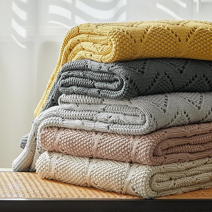 Longhui bedding Chunky Cotton Knit Throw Blanket for Couch, Sofa, Bed, or Chair, Decorative Breathable Fall Cable Knit Blanket 60 x 80 Inches, Large Medium Weight Beige