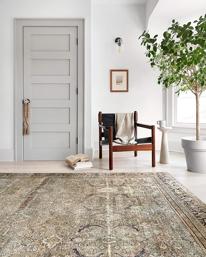 Loloi Layla Collection LAY-03 Olive/Charcoal 2'-3" x 3'-9" .13" Thick Accent Rug, Soft, Durable, Vintage Inspired, Distressed, Low Pile, Non-Shedding, Easy Clean, Printed, Living Room Rug