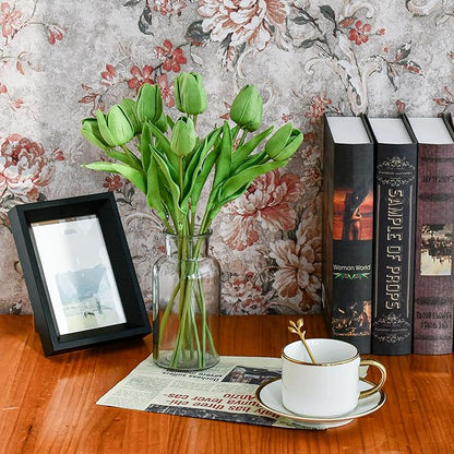 Mandy's Artificial Tulips 20 Stems Green PU Faux Flowers for Wedding Home Decor 13.5 Inch