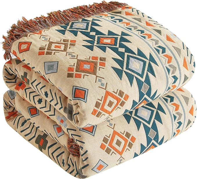 Boho Throw Blanket for Bed 60”x80”, 100% Cotton Woven Blanket for Couch Sofa, Ultra Soft 4-Layer Muslin Quilt with Diamond Pattern, Farmhouse Bed Blanket/Cover for Living Room Decor
