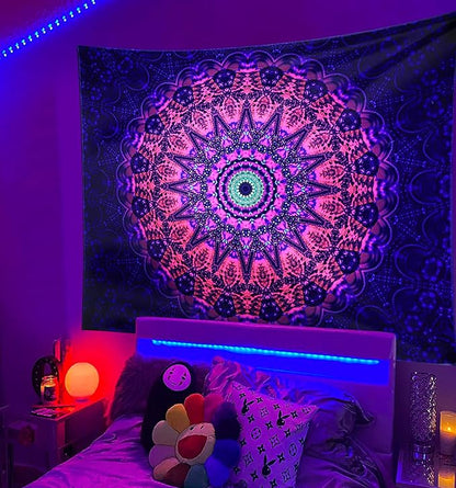 ADDWel Blacklight Mandala Boho Tapestry Glow In The Dark, Black Light Bohemian Hippie Poster Wall Hanging for Bedroom Aesthetic Wall and Room Decor (60" x 80", Mandala)