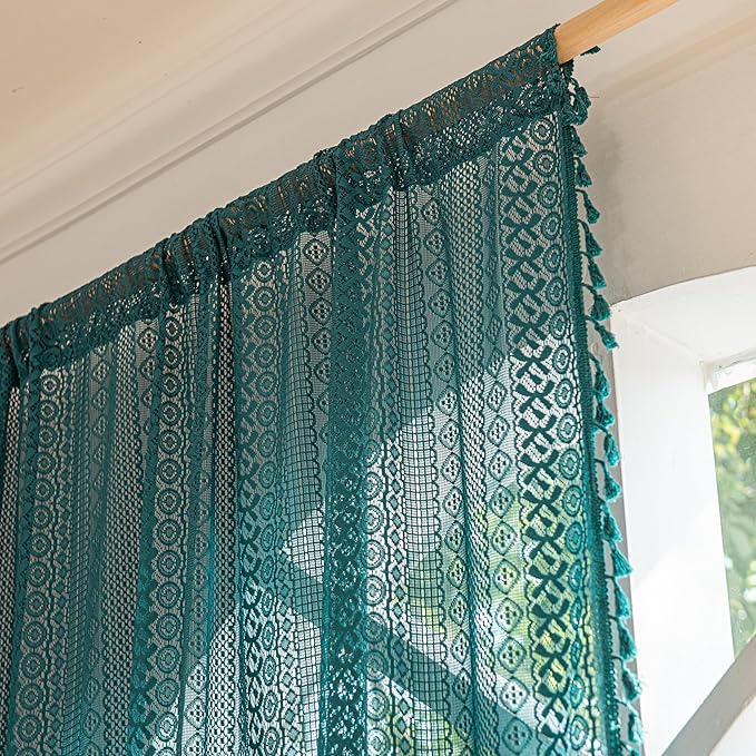 Sutuo Home Boho Curtains 72 inches Long for Bedroom Living Room, Crochet Lace Sheer Bohemian Hollow Knitted with Tassels, Rod Pocket Window Treatment Drapes, 1 Panel 59" W x 72" L, Turquoise