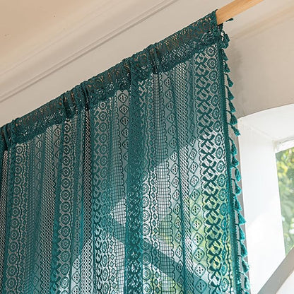 Sutuo Home Boho Curtains 108 inches Long for Bedroom Living Room Patio Doorway, Crochet Lace Sheer Bohemian with Tassels,Window Treatment Drapes, Single 1 Panel 59" W x 108" L, Turquoise
