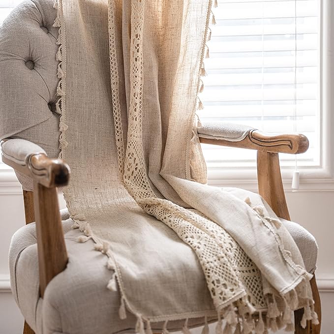Sutuo Home Boho Curtains for Bedroom Nursery, Bohemian Semi-Blackout Geometric Crochet Hollow Lace Patchwork with Textured Linen Fabric Farmhouse Tassels Rod Pocket Window Drapes, 59"W x 72"L, 1 Panel