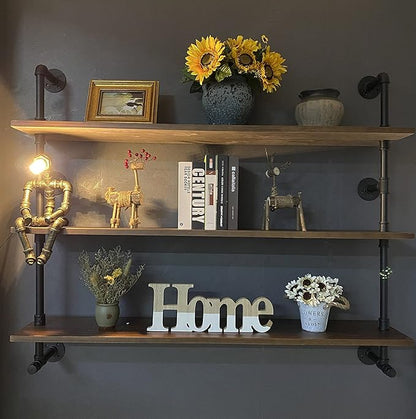 Industrial Pipe Wall Shelves Pipe Shelving with Real Wood Plank ,48 Inches Floating Shelves for Wall Farmhouse Pipe Book Shelves Dark Brown 3 Tier for Kitchen,Living Room Decor and Bar Shelving