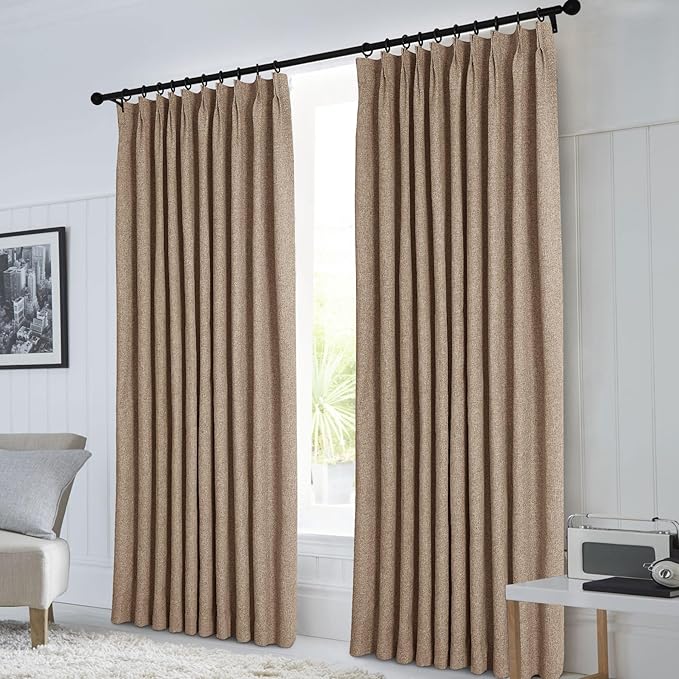 Macochico Pinch Pleated Blackout Curtains 102 Inches Long 100% Light Blocking Taupe Linen Drapes for Bedroom Living Room Farmhouse Shabby Chic Burlap Curtains with Tieback 72”Wx102”L 1 Panel