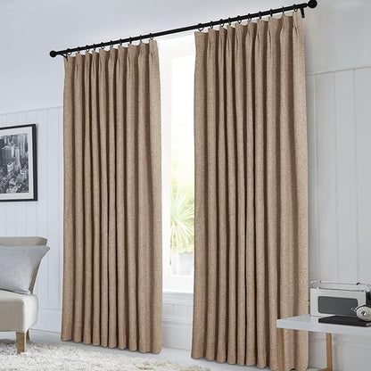 Macochico Extra Wide 100% Blackout Linen Curtains for Sliding Door Pleated Curtains with Hooks Insulated Soft Linen Drapes for Bedroom Living Room with Tieback Taupe 100”Wx84”L 1 Panel