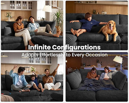 Oversized Modular Sofa, Extra Deep Cloud Corduroy Sectional Couch with Ottoman Chaise, Fluffy Chenille 6 Seat U-Shaped Sofa for Living Room, Villa (U Shape 6 Seater, Corduroy Black)