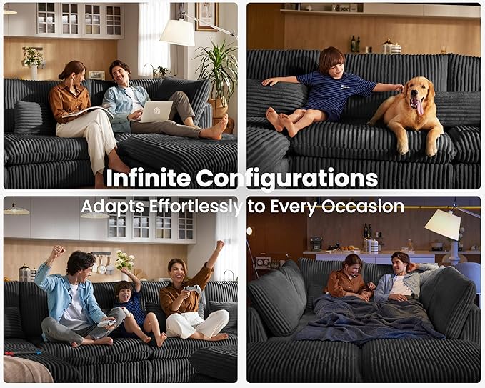 Oversized Modular Sofa, Extra Deep Cloud Corduroy Sectional Couch with Ottoman Chaise, Fluffy Corduroy 4 Seater Couch Bed for Living Room, Villa (Sofa Bed 4 Seater, Corduroy Black)