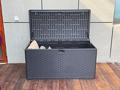 73 Gallon Large Storage Box with Lid,Waterproof Outdoor Storage Container for Patio Furniture Cushions, Gardening Tools, Pool Accessories, Lockable Resin Deck Box with handle Brown